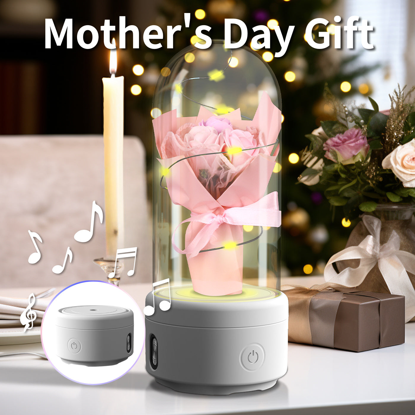 Creative 2 In 1 Bouquet LED Light And Bluetooth Speaker Mother's Day Gift Rose Luminous Night Light Ornament In Glass Cover